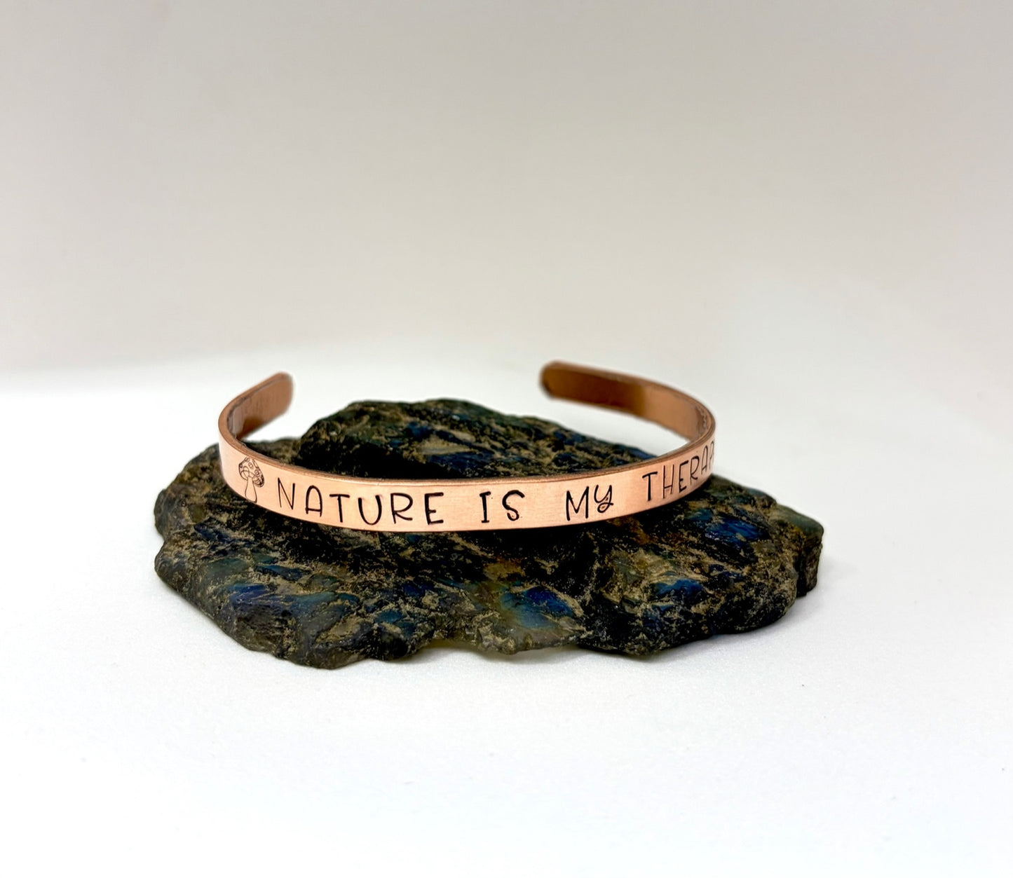 Nature Is My Therapy Bracelet – Rustic Hand-Stamped Copper Cuff