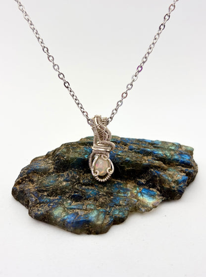 Wire Wrapped Opal Gemstone  Necklace, Sterling Silver Wire