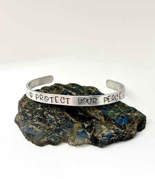 Protect Your Peace Bracelet – Hand-Stamped Aluminum Cuff, Inspirational Jewelry