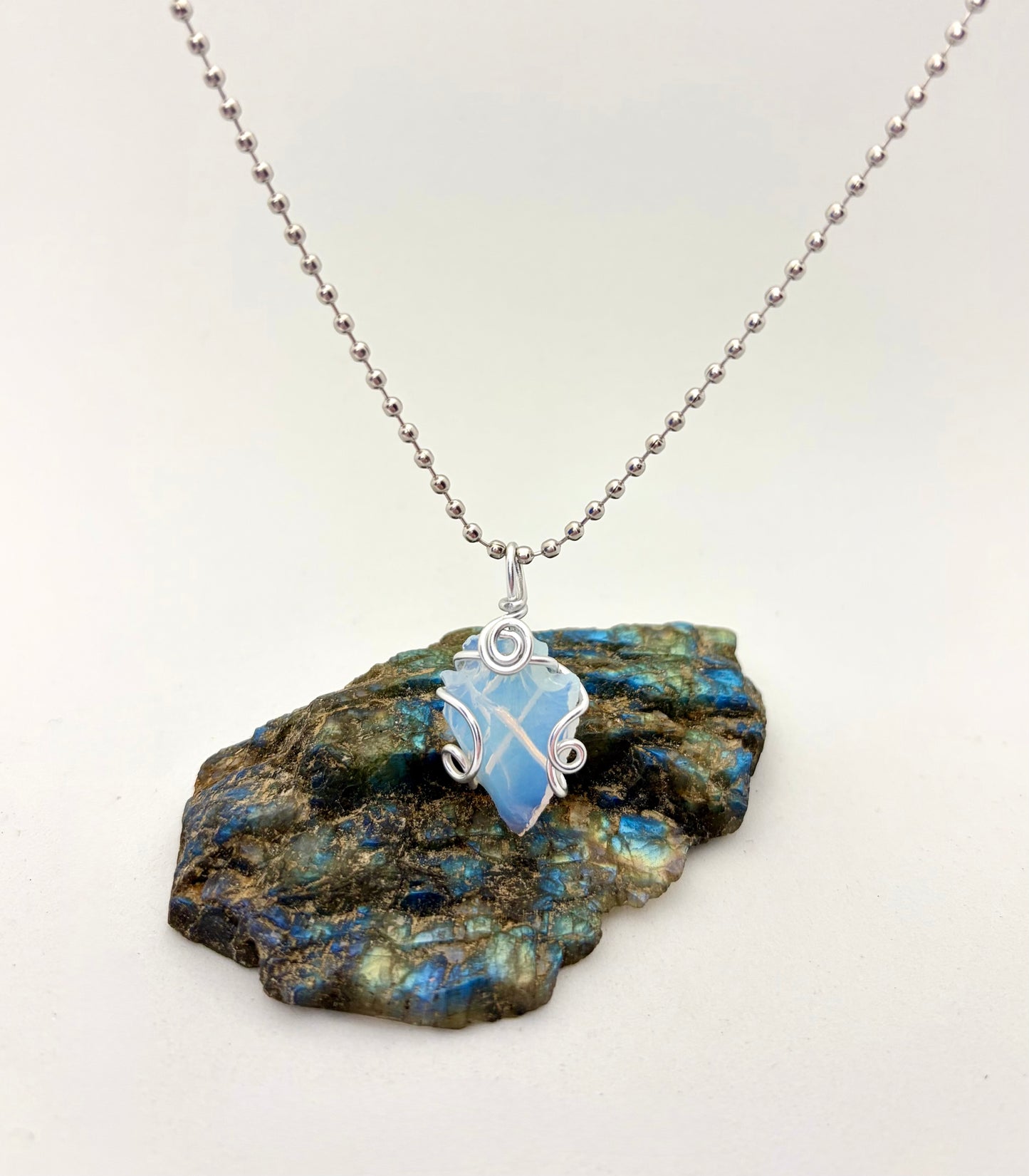 Moonlit Arrow – Opalite Arrowhead Wrapped in Silver Aluminum Wire