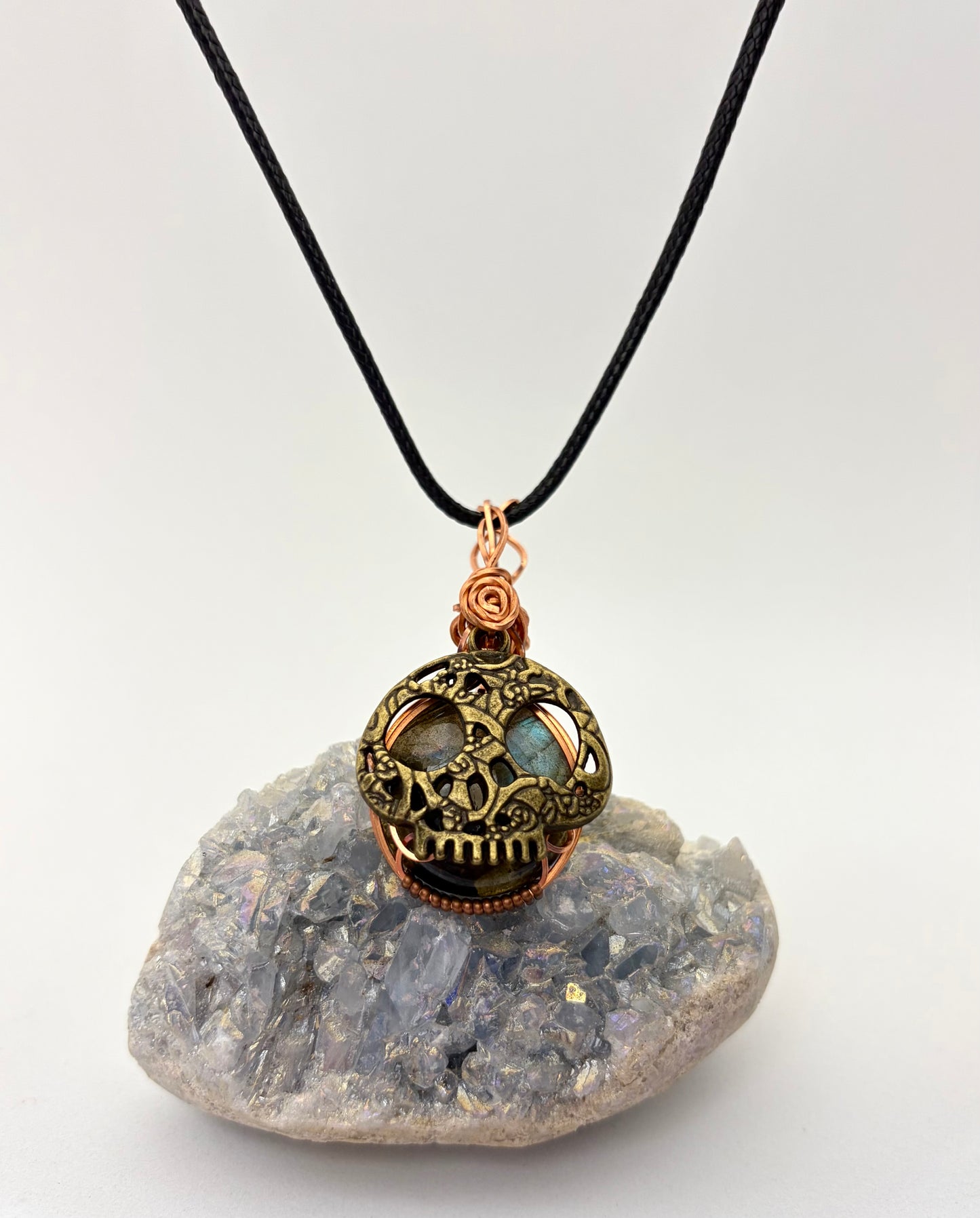 Labradorite Skull Pendant | Copper Wire Wrapped Necklace