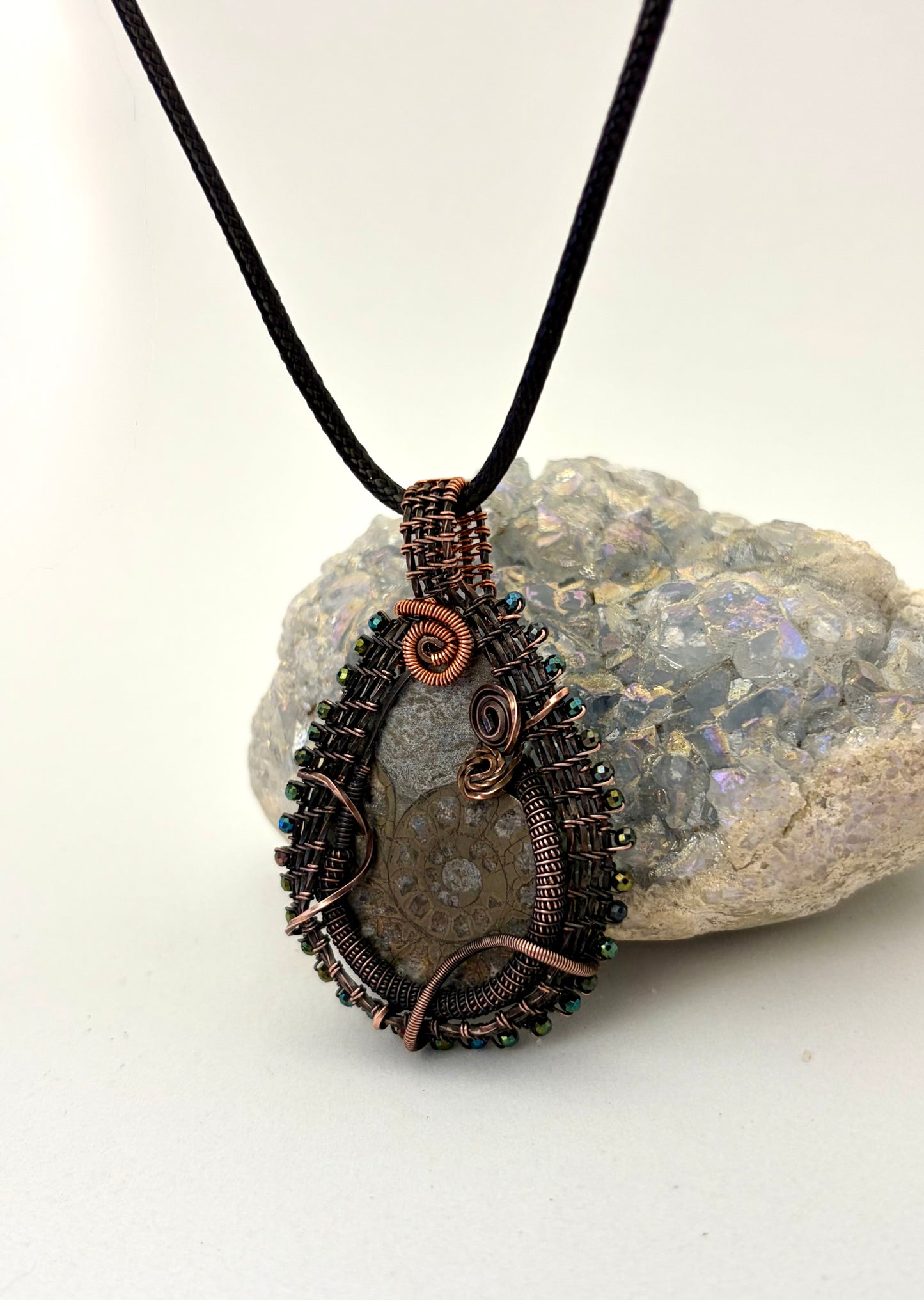 Ammonite Fossil Wire Wrapped Pendant | Copper & Beaded Handmade Necklace