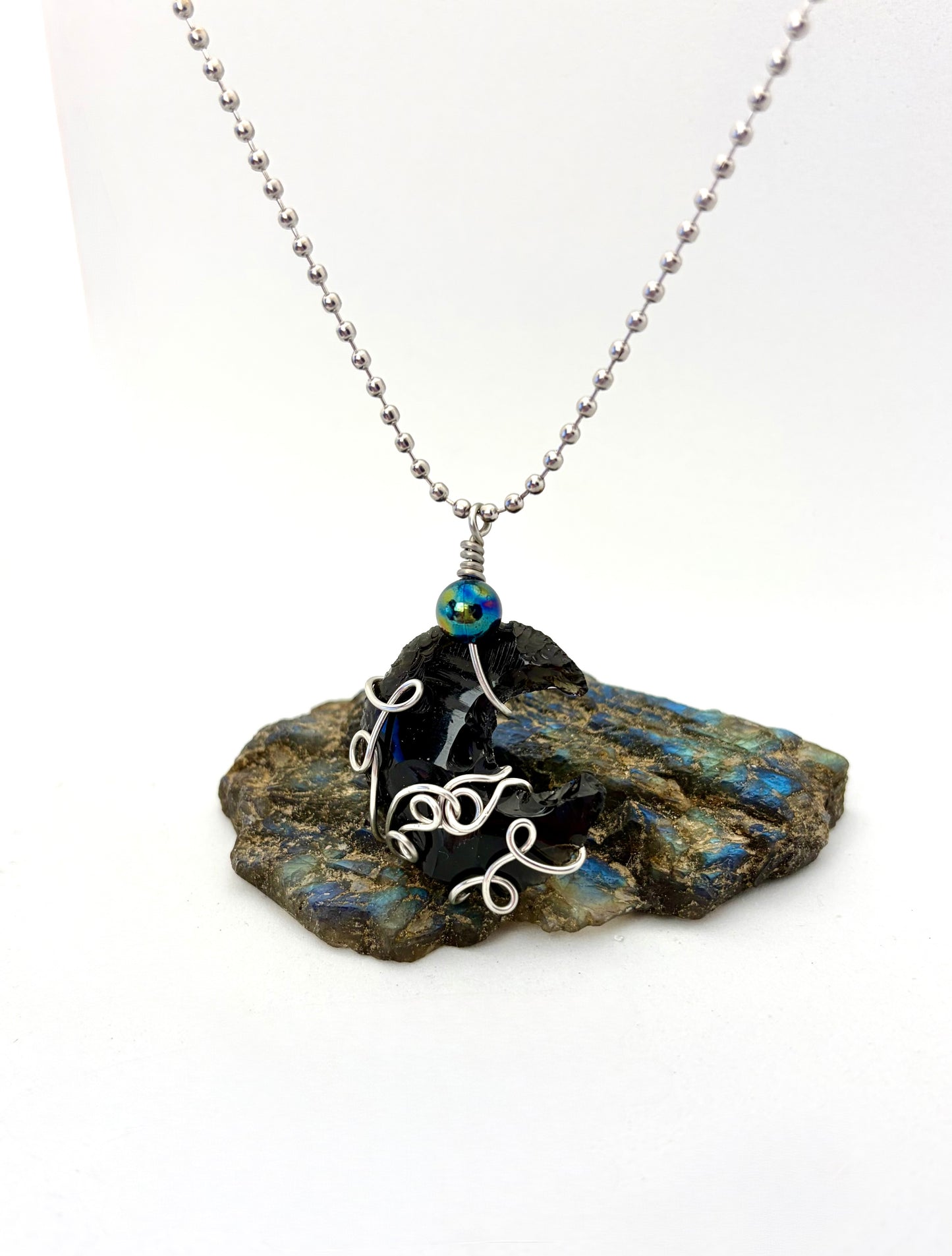 Dark Moon Rising – Stainless Steel Wire Wrapped Obsidian Crescent Necklace