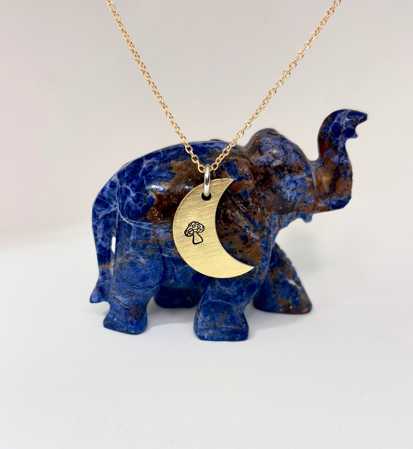 Hand Stamped Crescent Moon Necklace – Mushroom Stamp – Gold Tone Moon Pendant