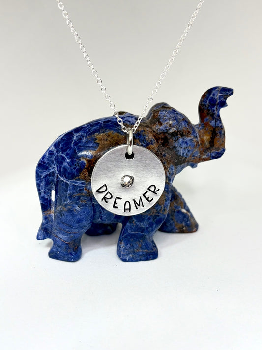 Dreamer Necklace with Crystal Accent – Hand Stamped Aluminum Pendant for Free Spirits