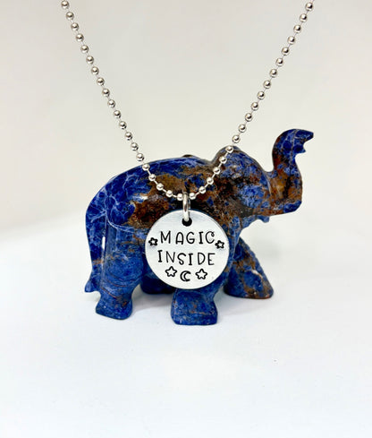 Magic Inside Celestial Necklace – Hand-Stamped Aluminum Pendant with Stars & Moon