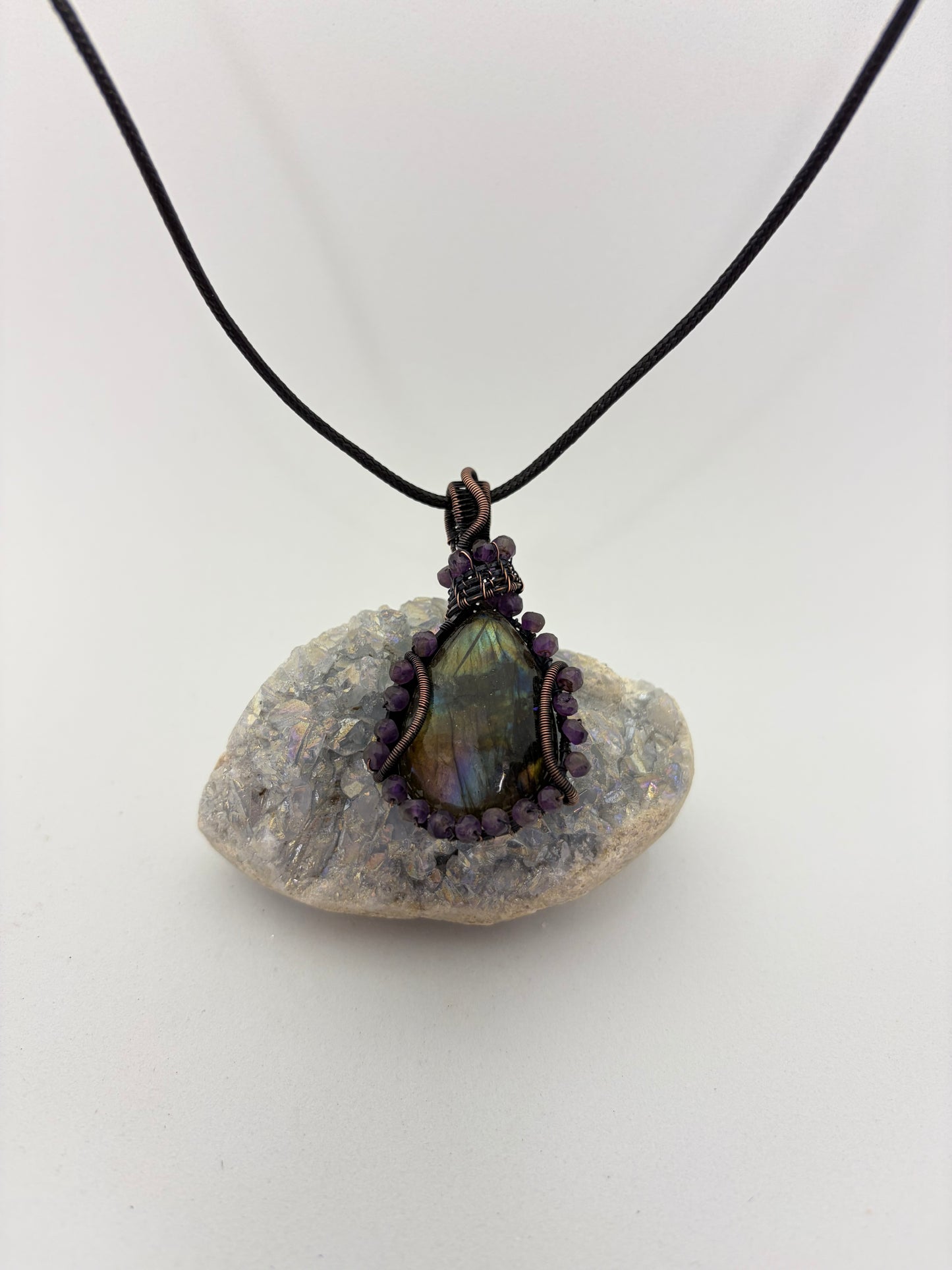 Labradorite & Amethyst Wire Wrapped Pendant | Copper & Crystal Necklace