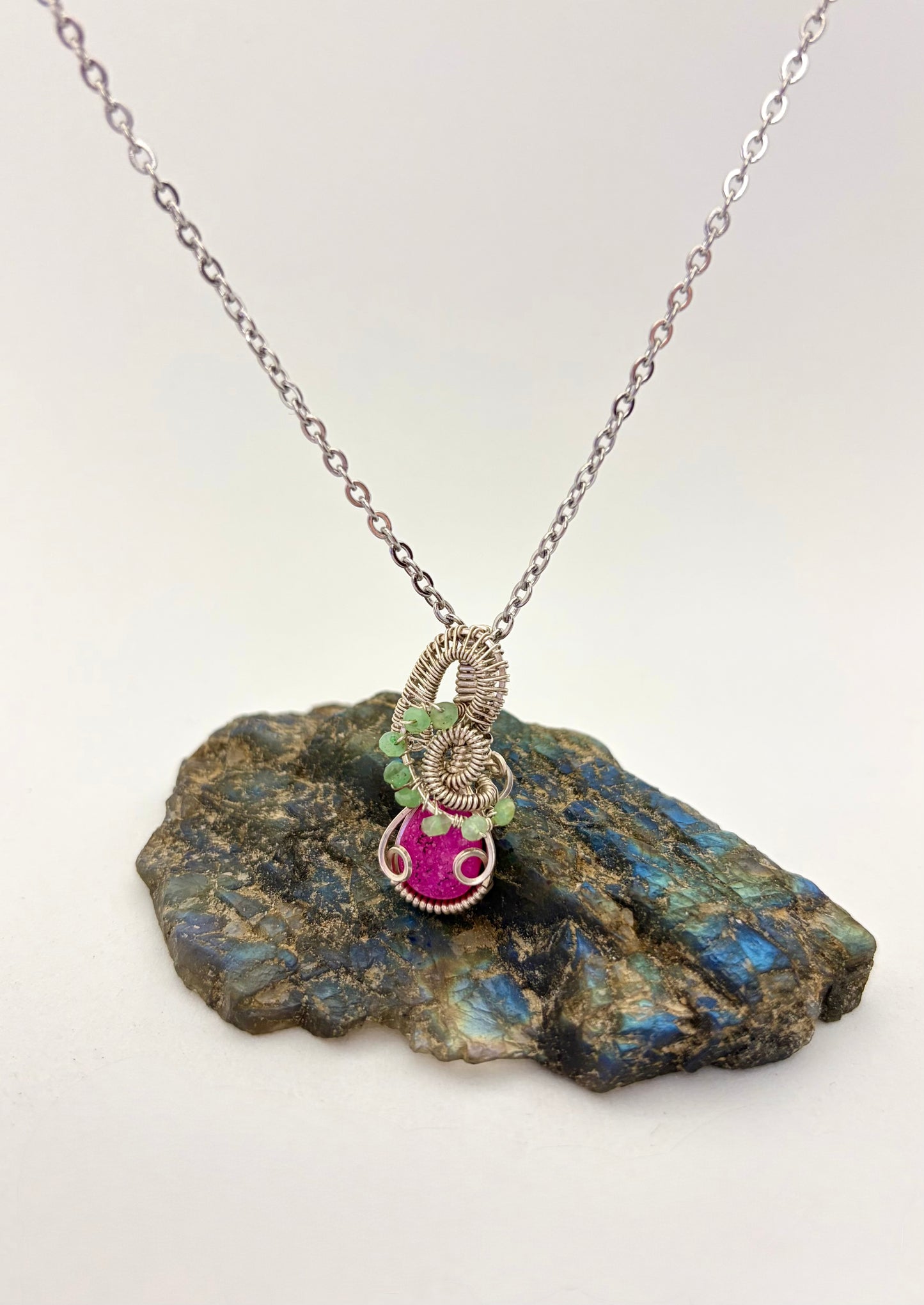 Wire Wrapped Sparkly Pink Druzy Gemstone Necklace, Sterling Silver Wire