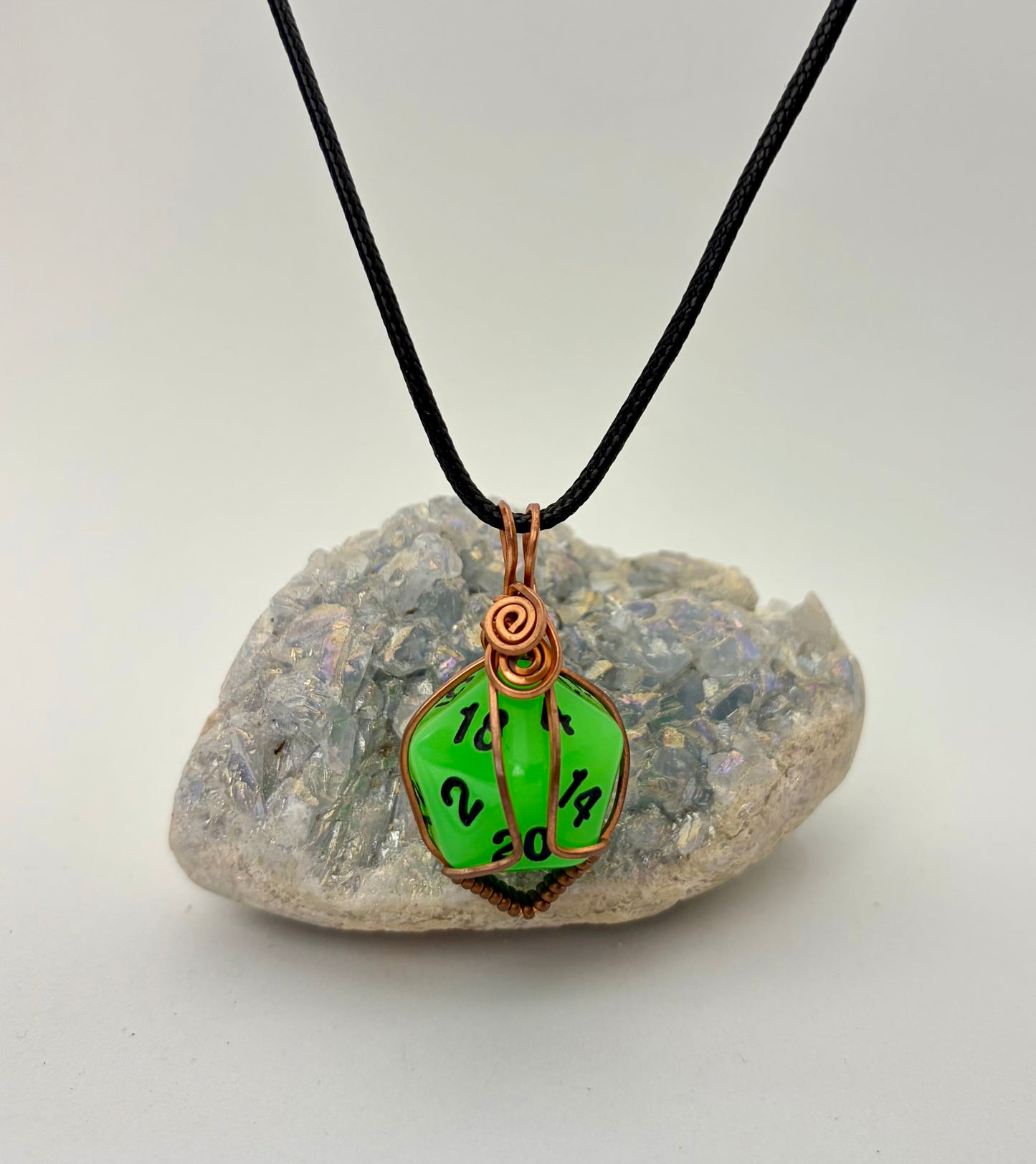 Green D20 Dice Pendant | Copper Wire Wrapped Gamer Necklace
