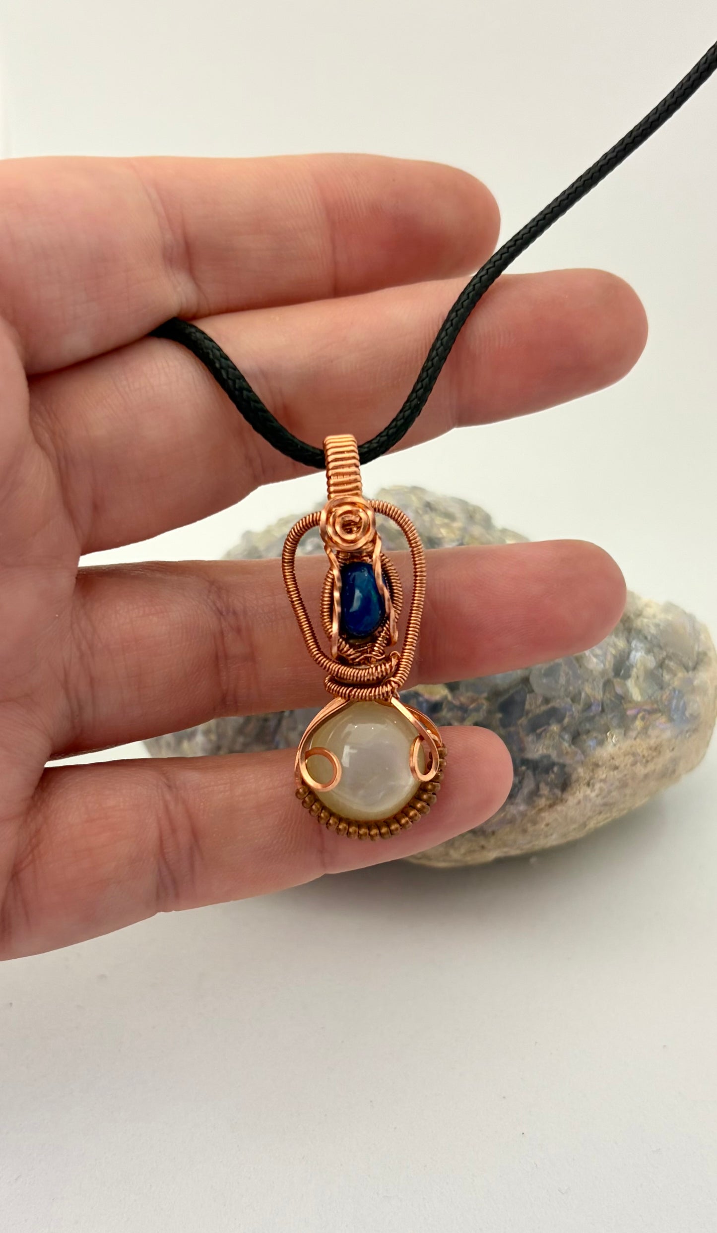 Blue Opal & Moonstone Wire Wrapped Pendant | Handmade Copper Necklace