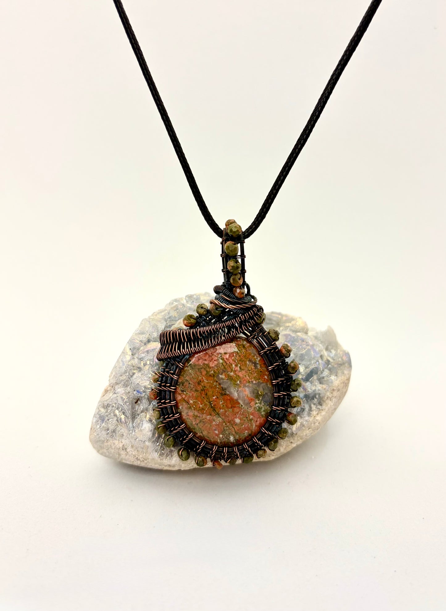 Unakite Jasper Wire Wrapped Pendant | Copper & Beaded Handmade Necklace