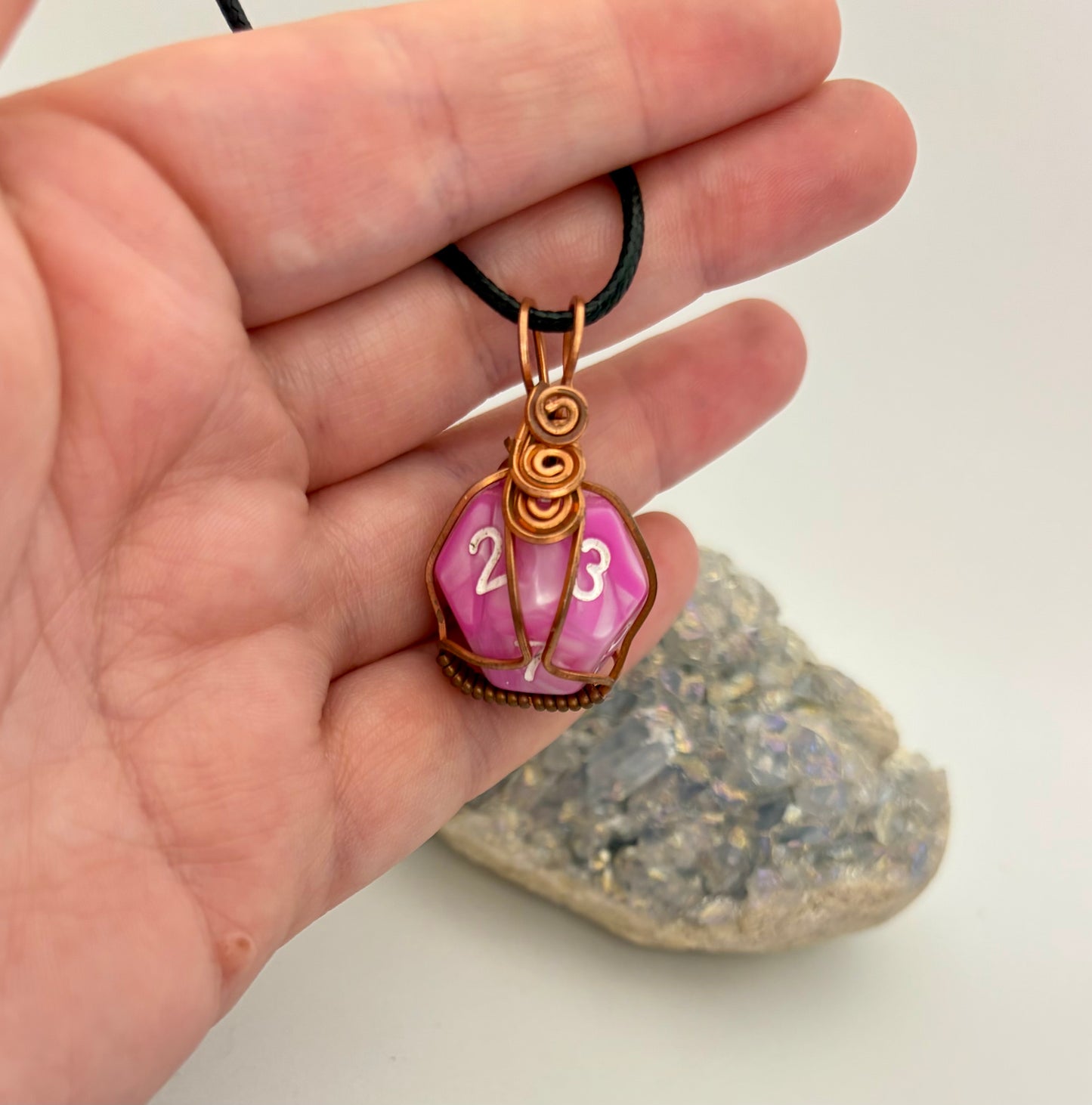 Pink D12 Dice Pendant | Wire Wrapped Copper Necklace for Gamers