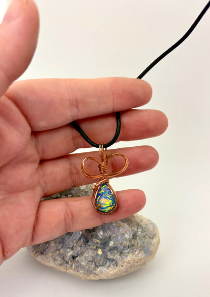 Wire Wrapped Resin Faux Opal Necklace, Copper Wire