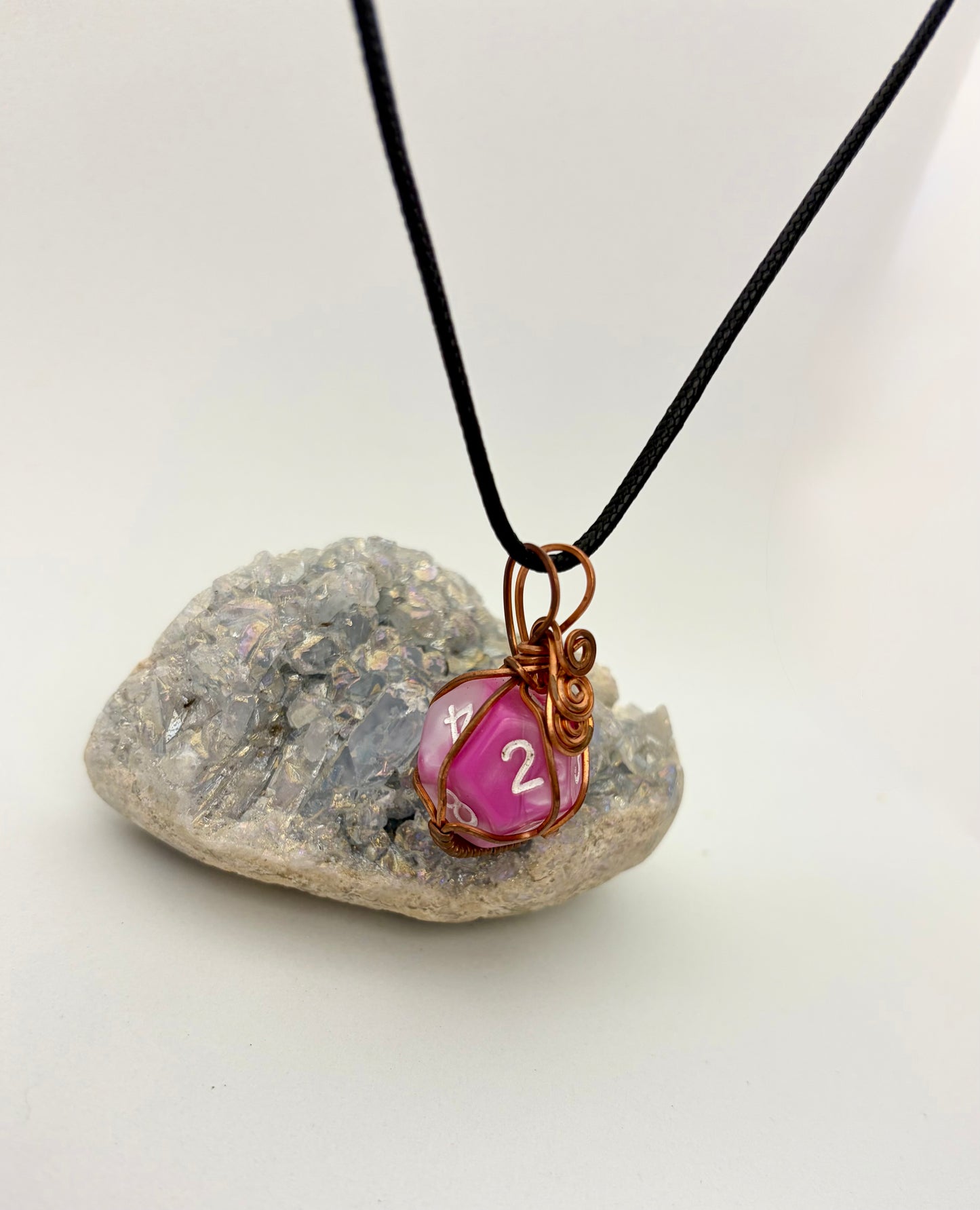 Pink D12 Dice Pendant | Wire Wrapped Copper Necklace for Gamers