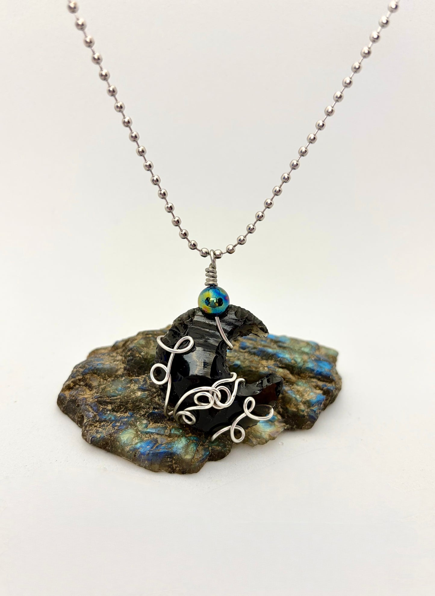 Dark Moon Rising – Stainless Steel Wire Wrapped Obsidian Crescent Necklace