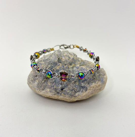 Rainbow Orbit Wire Wrapped Bracelet | Silver Handmade Beaded Jewelry