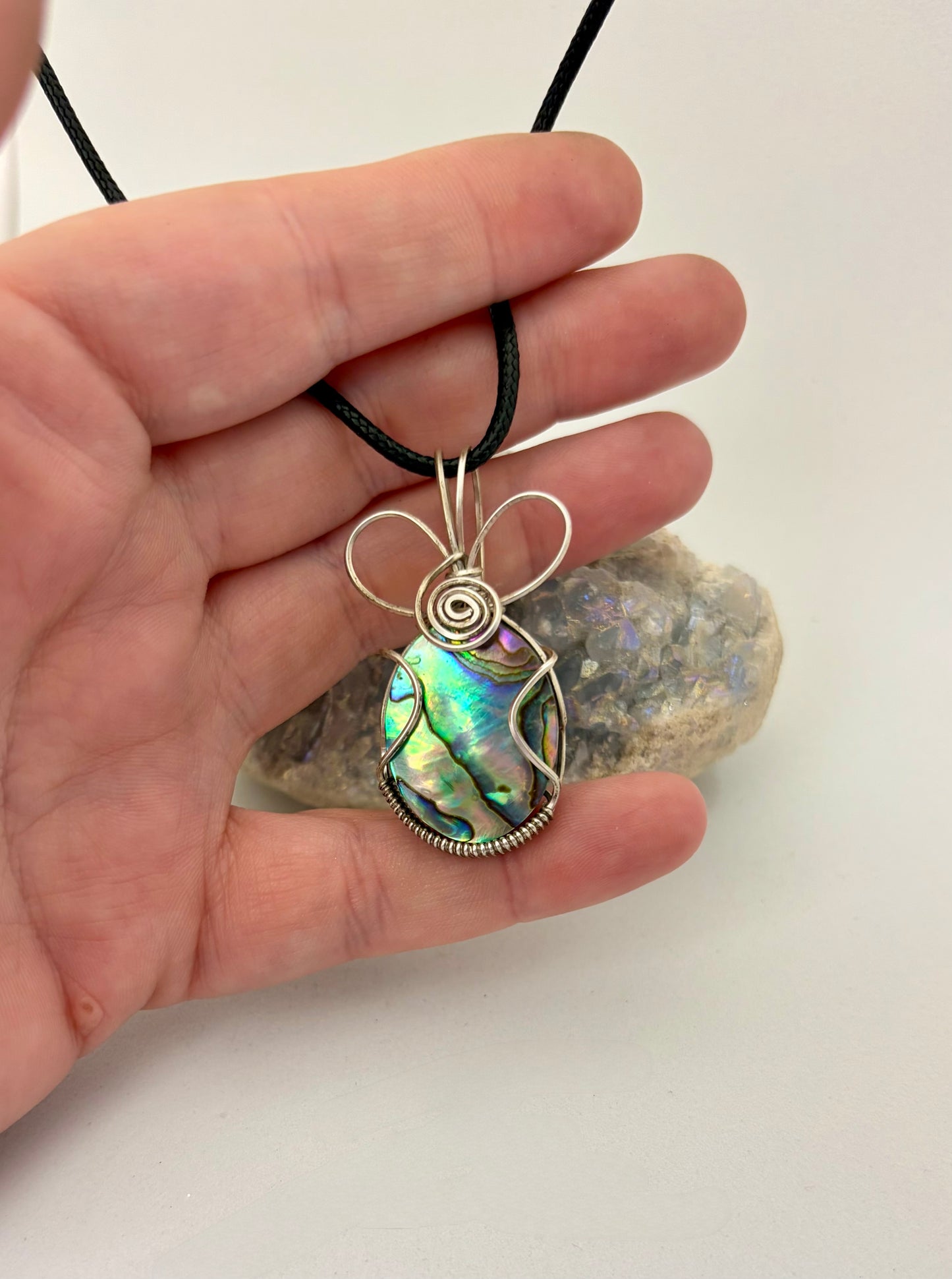 Wire Wrapped Abalone Shell Gemstone  Necklace, Sterling Silver Wire