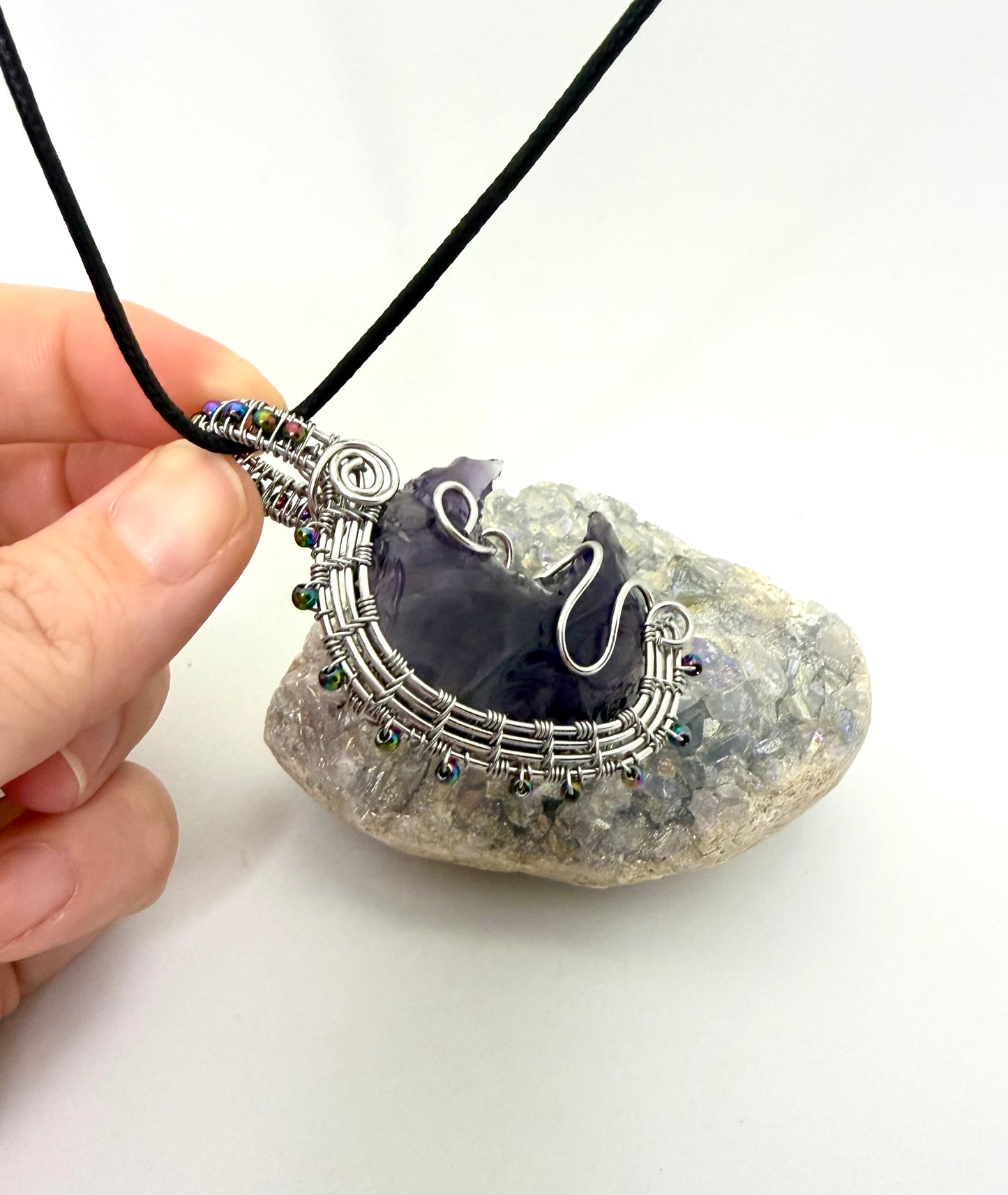 Purple Amethyst Crescent Moon Wire Wrapped Pendant - Stainless Steel Wire
