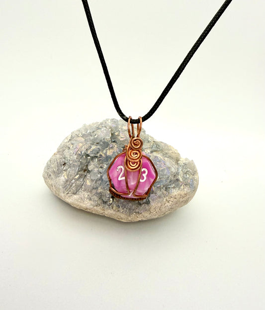 Pink D12 Dice Pendant | Wire Wrapped Copper Necklace for Gamers