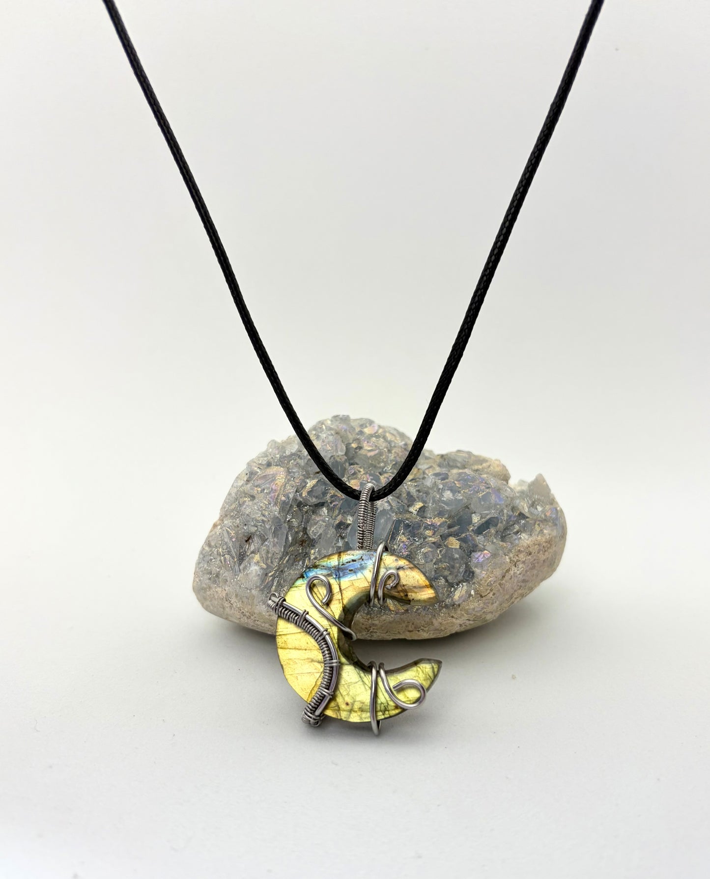 Labradorite Crescent Moon Wire Wrapped Pendant - Stainless Steel Wire