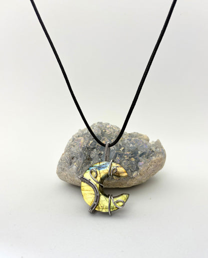 Labradorite Crescent Moon Wire Wrapped Pendant - Stainless Steel Wire