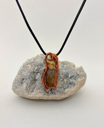Wire Wrapped Ammonite Fossil with Opal Accents Necklace, Copper Wire