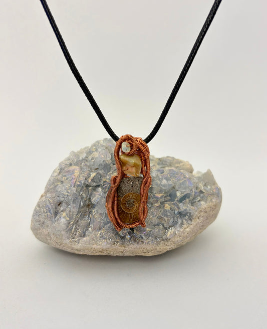 Wire Wrapped Ammonite Fossil with Opal Accents Necklace, Copper Wire