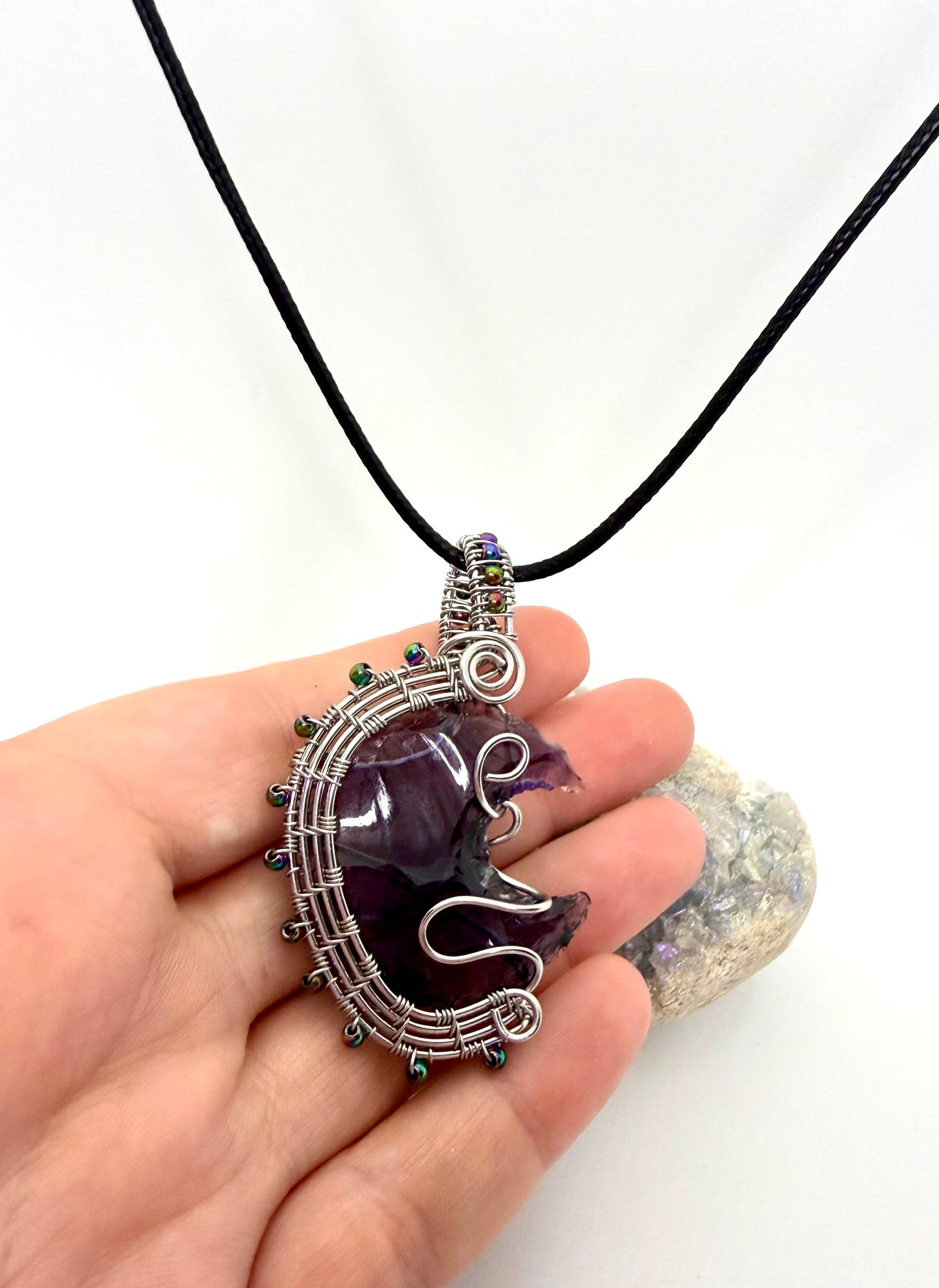 Purple Amethyst Crescent Moon Wire Wrapped Pendant - Stainless Steel Wire