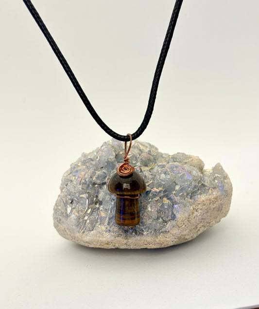 Tiger’s Eye Mushroom Pendant | Copper Wire Wrapped Crystal Necklace