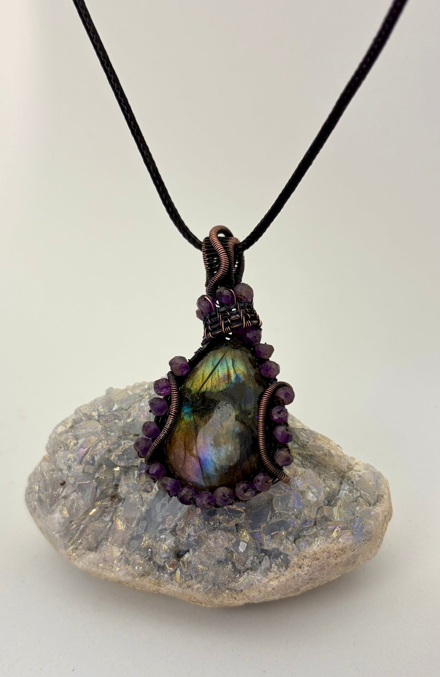 Labradorite & Amethyst Wire Wrapped Pendant | Copper & Crystal Necklace