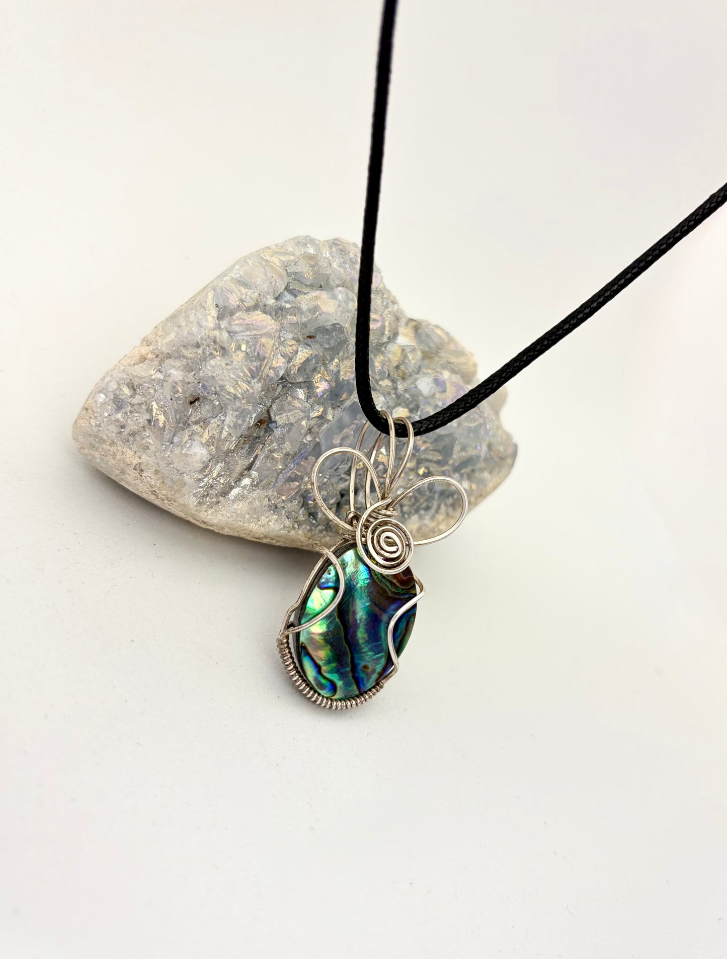 Wire Wrapped Abalone Shell Gemstone  Necklace, Sterling Silver Wire