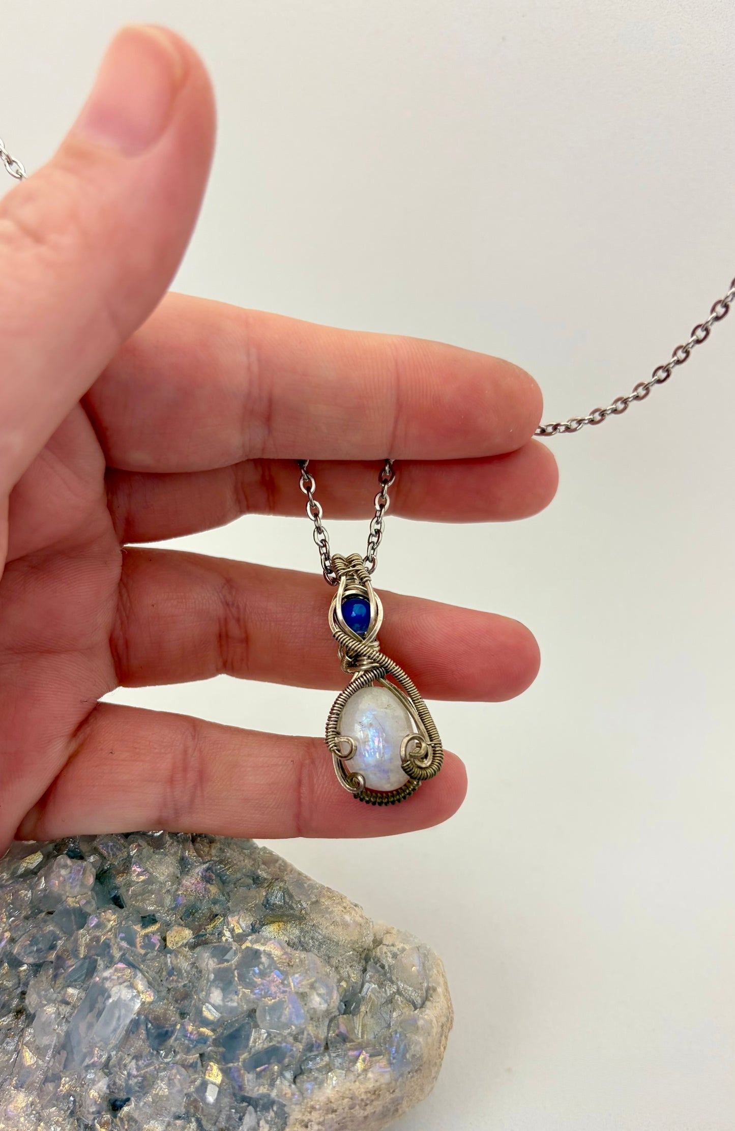 Wire Wrapped Moonstone Gemstone with Opal Accent Necklace, Sterling Silver Wire