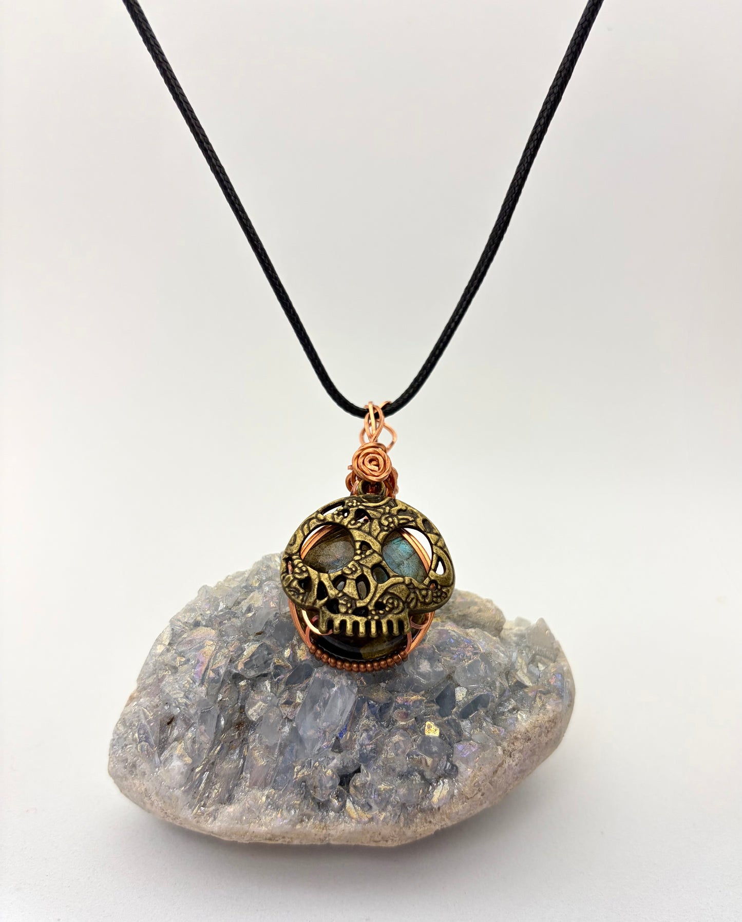 Labradorite Skull Pendant | Copper Wire Wrapped Necklace