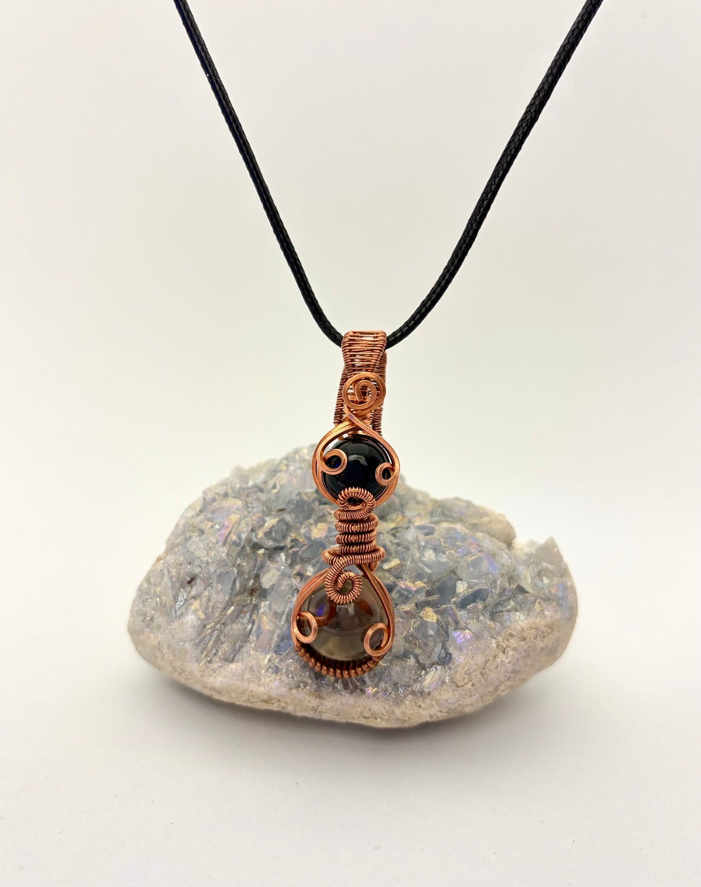 Wire Wrapped Smoky Quartz and Onyx Gemstone Necklace, Copper Wire