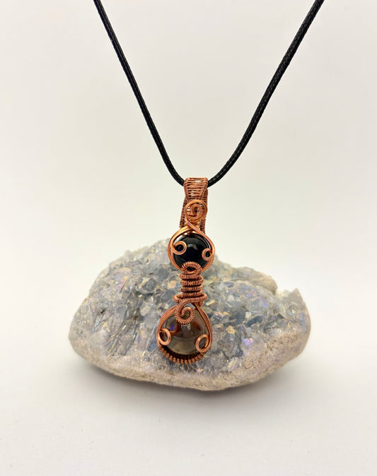Wire Wrapped Smoky Quartz and Onyx Gemstone Necklace, Copper Wire