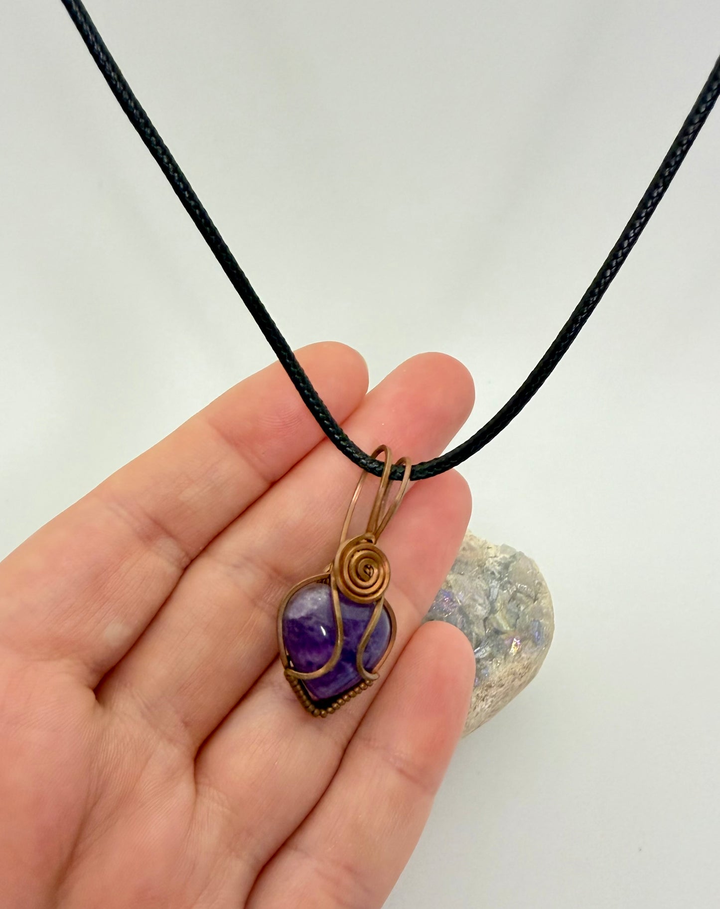 Amethyst Heart Gemstone Wire Wrapped Pendant | Copper & Crystal Necklace
