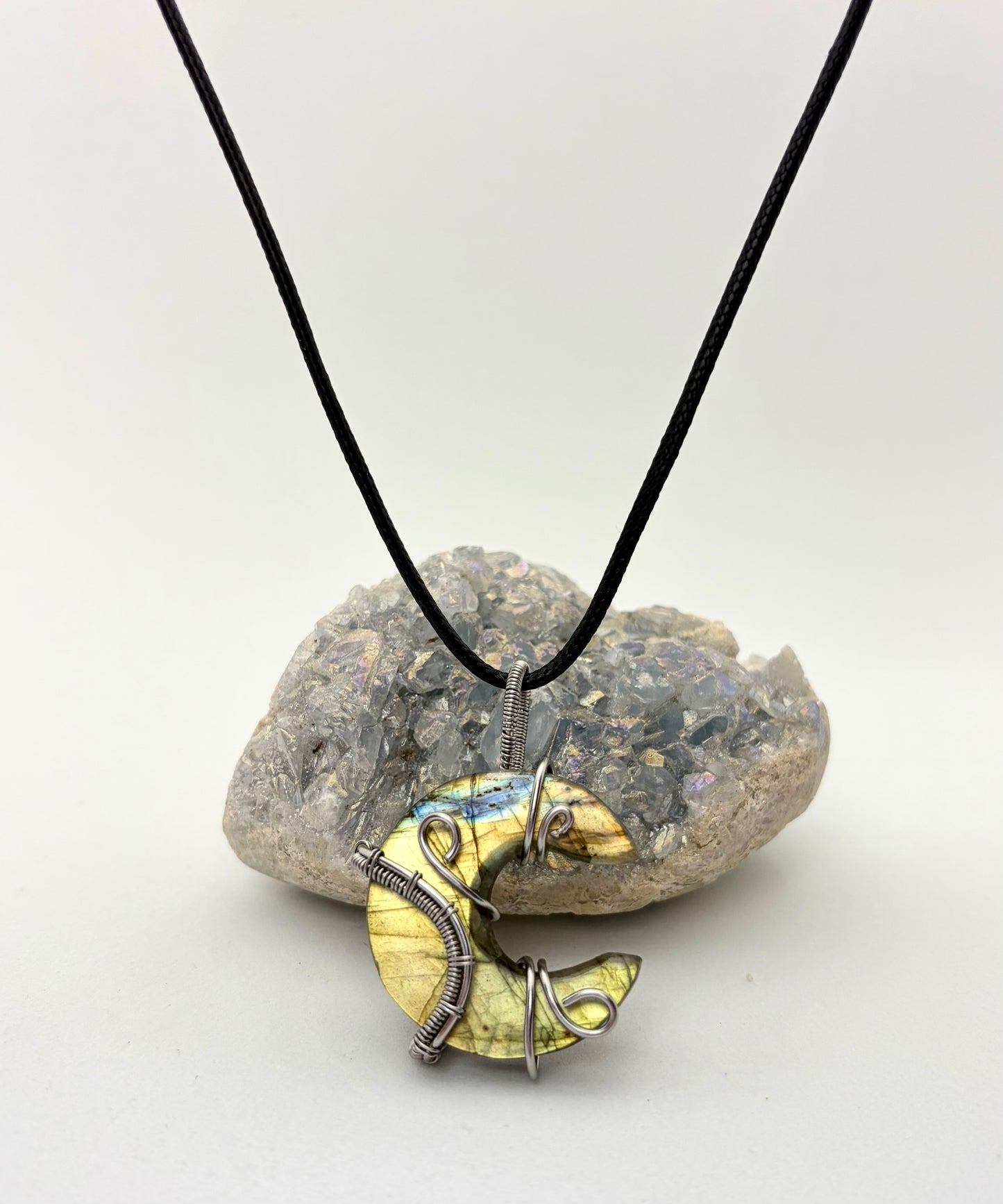 Labradorite Crescent Moon Wire Wrapped Pendant - Stainless Steel Wire