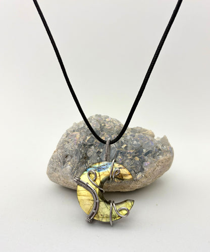 Labradorite Crescent Moon Wire Wrapped Pendant - Stainless Steel Wire