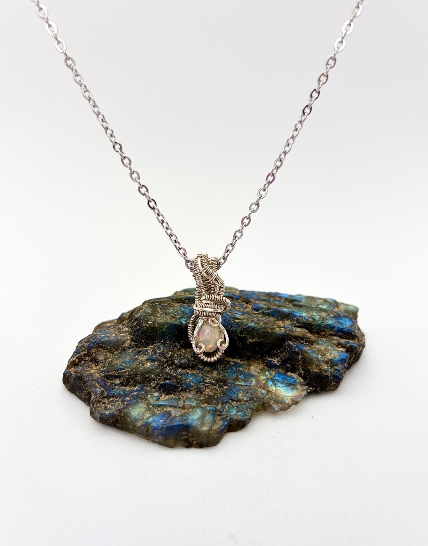 Wire Wrapped Opal Gemstone  Necklace, Sterling Silver Wire
