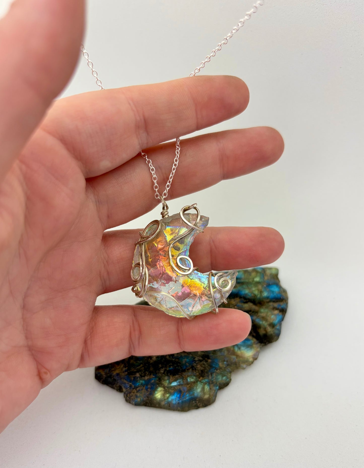 Moonlit Mirage – Sterling Silver Wire Wrapped Aura Quartz Crescent Necklace