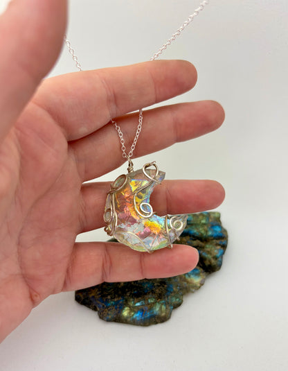 Moonlit Mirage – Sterling Silver Wire Wrapped Aura Quartz Crescent Necklace
