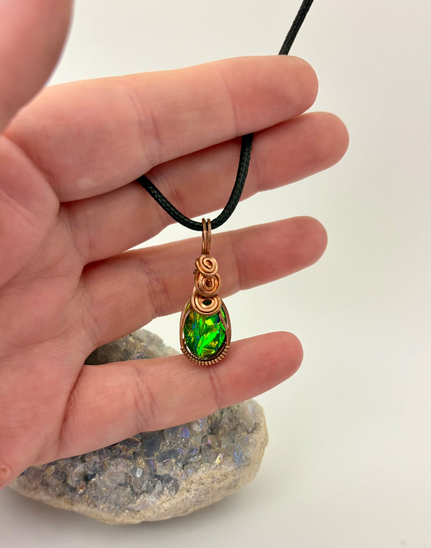 Wire Wrapped Resin Faux Opal Necklace, Copper Wire