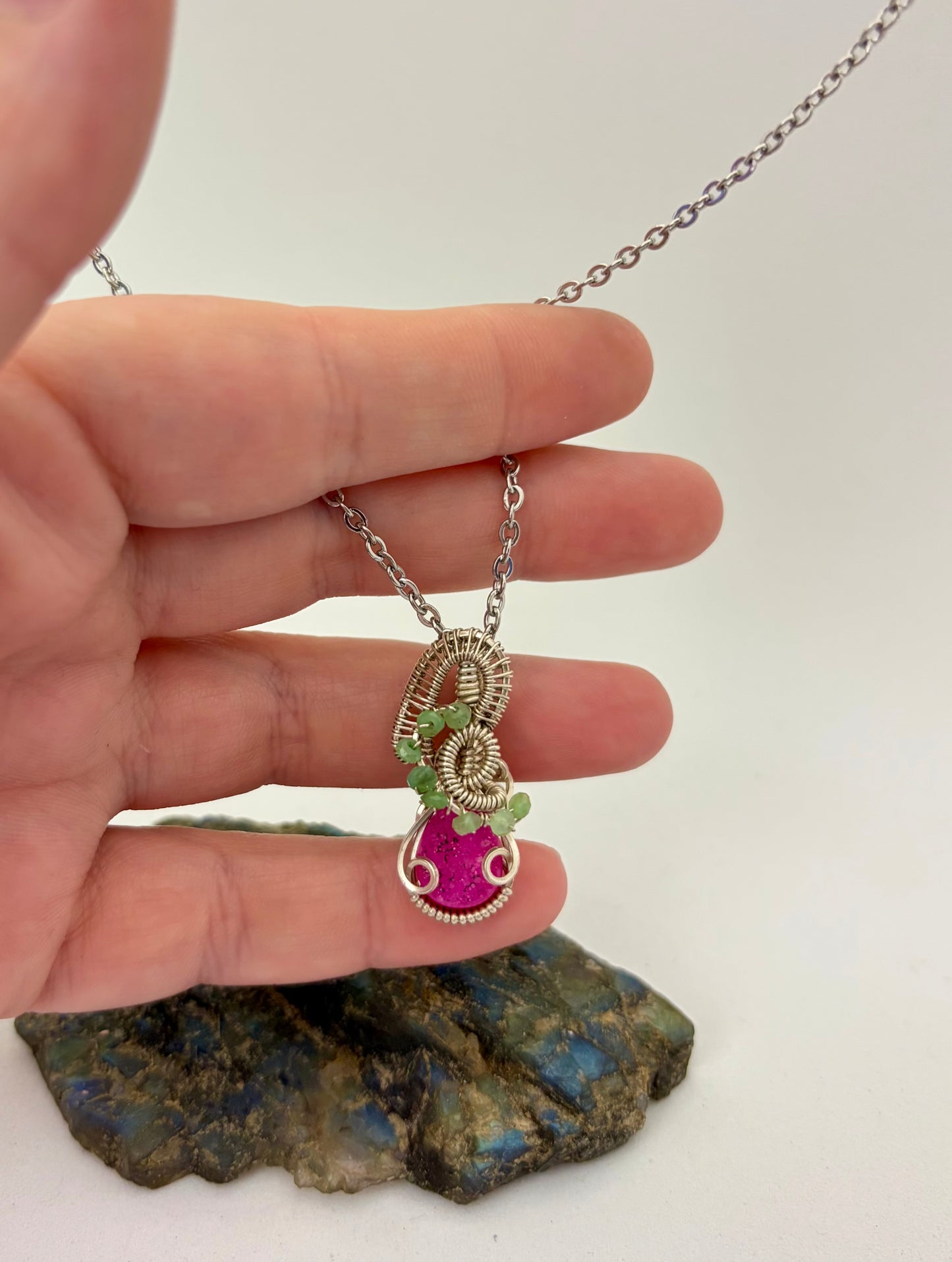 Wire Wrapped Sparkly Pink Druzy Gemstone Necklace, Sterling Silver Wire