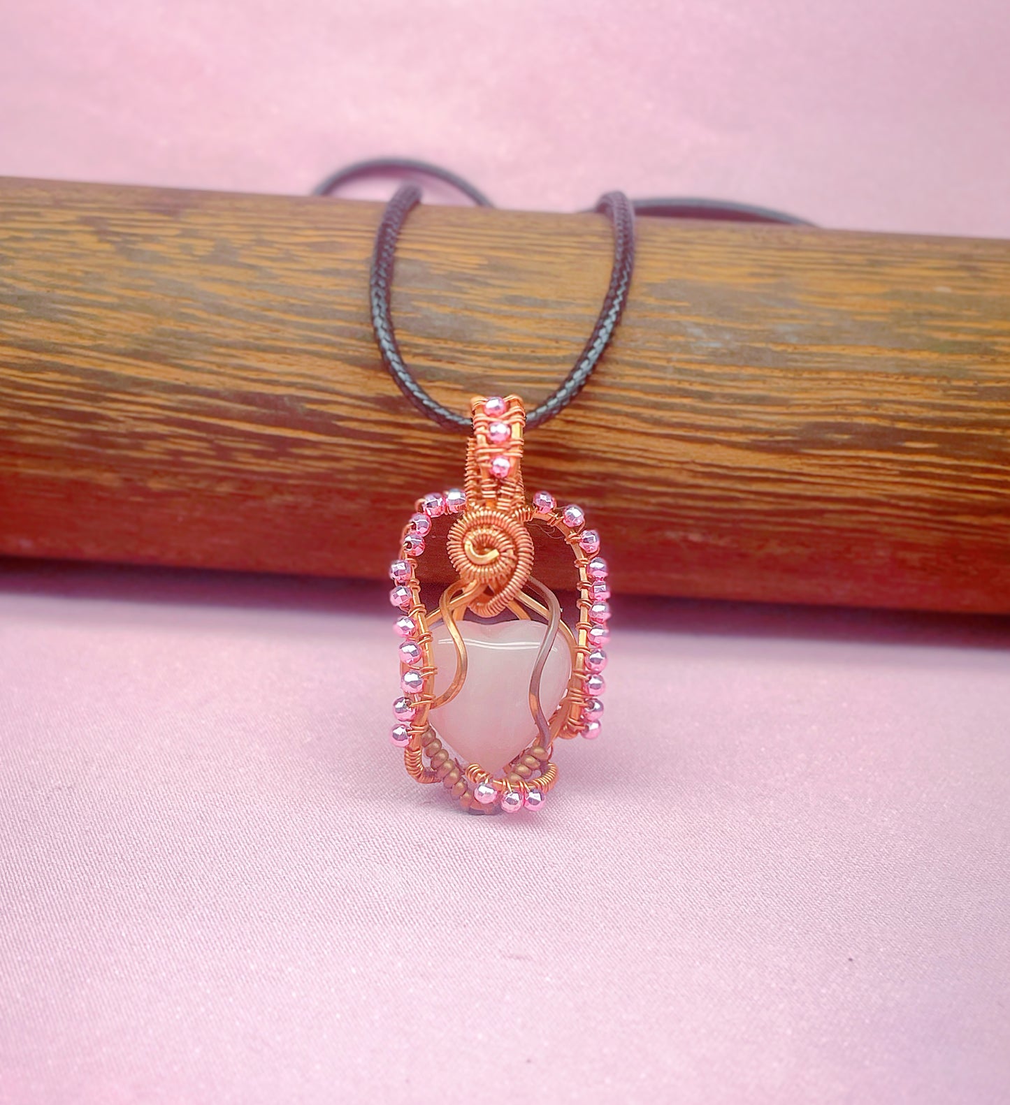 Wire Wrapped Rose Quartz Heart Necklace, Copper Wire