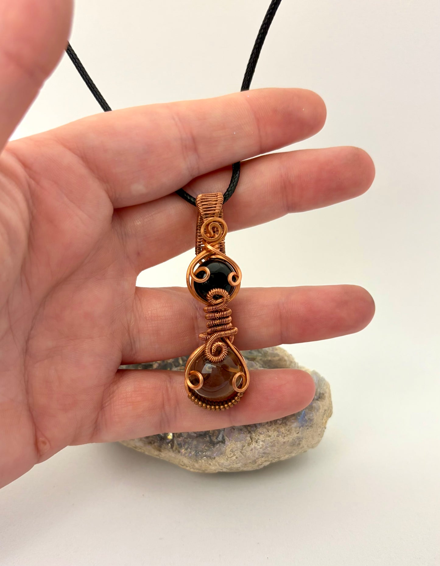 Wire Wrapped Smoky Quartz and Onyx Gemstone Necklace, Copper Wire