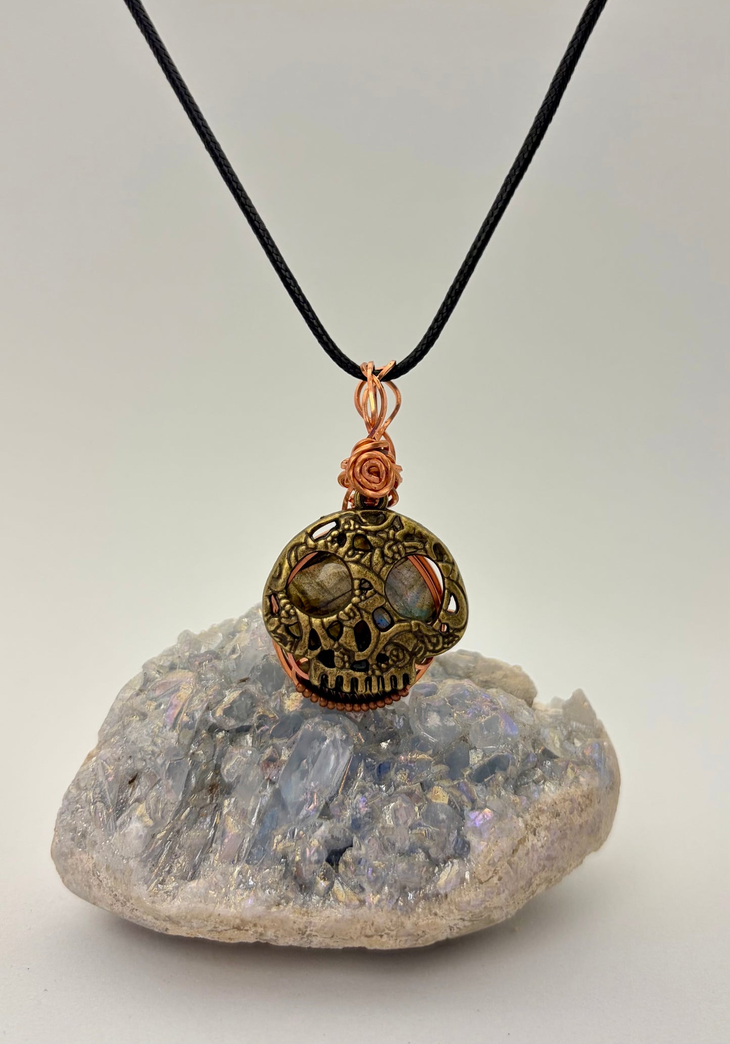 Labradorite Skull Pendant | Copper Wire Wrapped Necklace