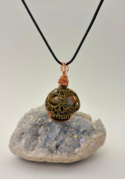 Labradorite Skull Pendant | Copper Wire Wrapped Necklace