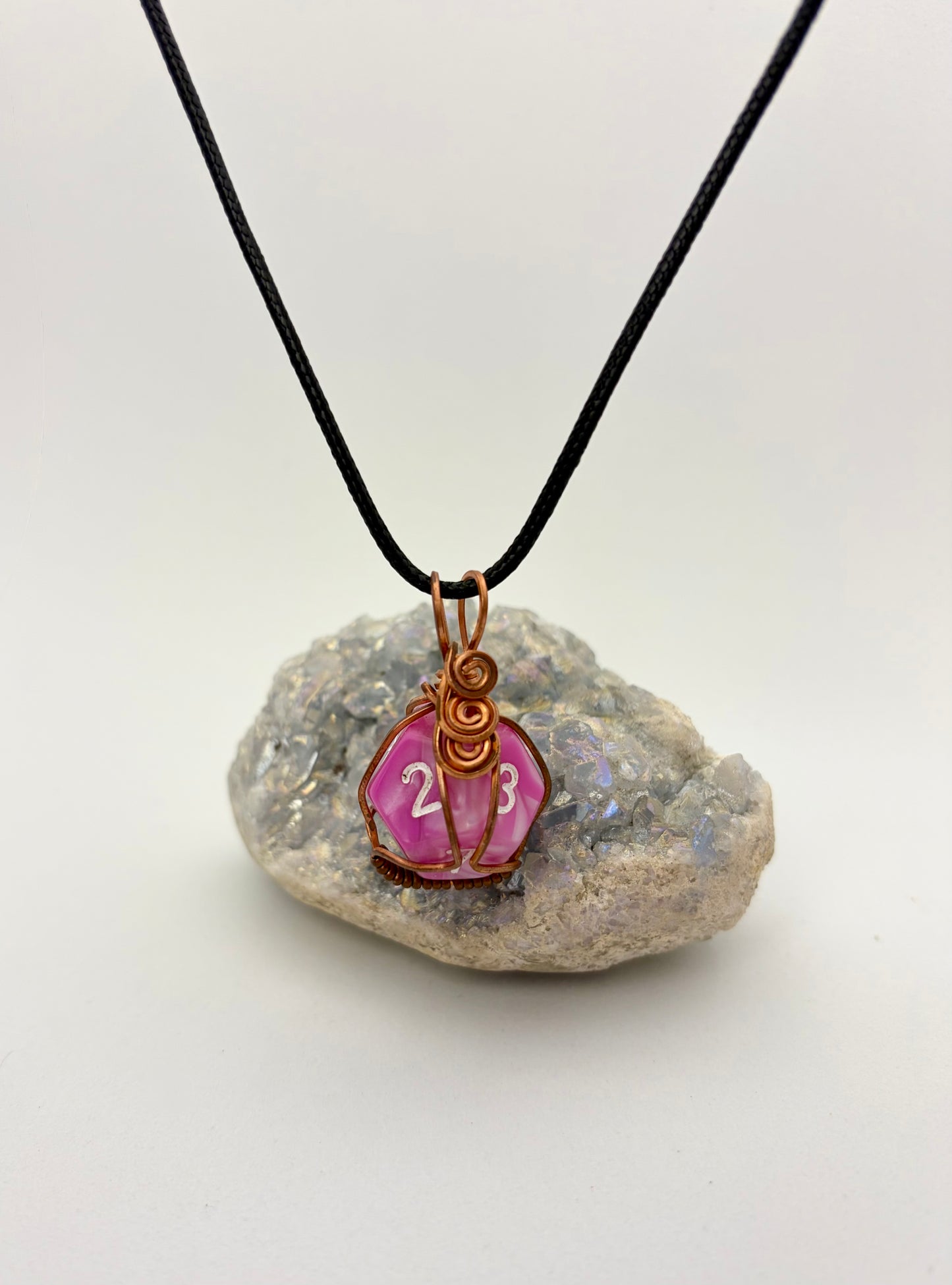 Pink D12 Dice Pendant | Wire Wrapped Copper Necklace for Gamers