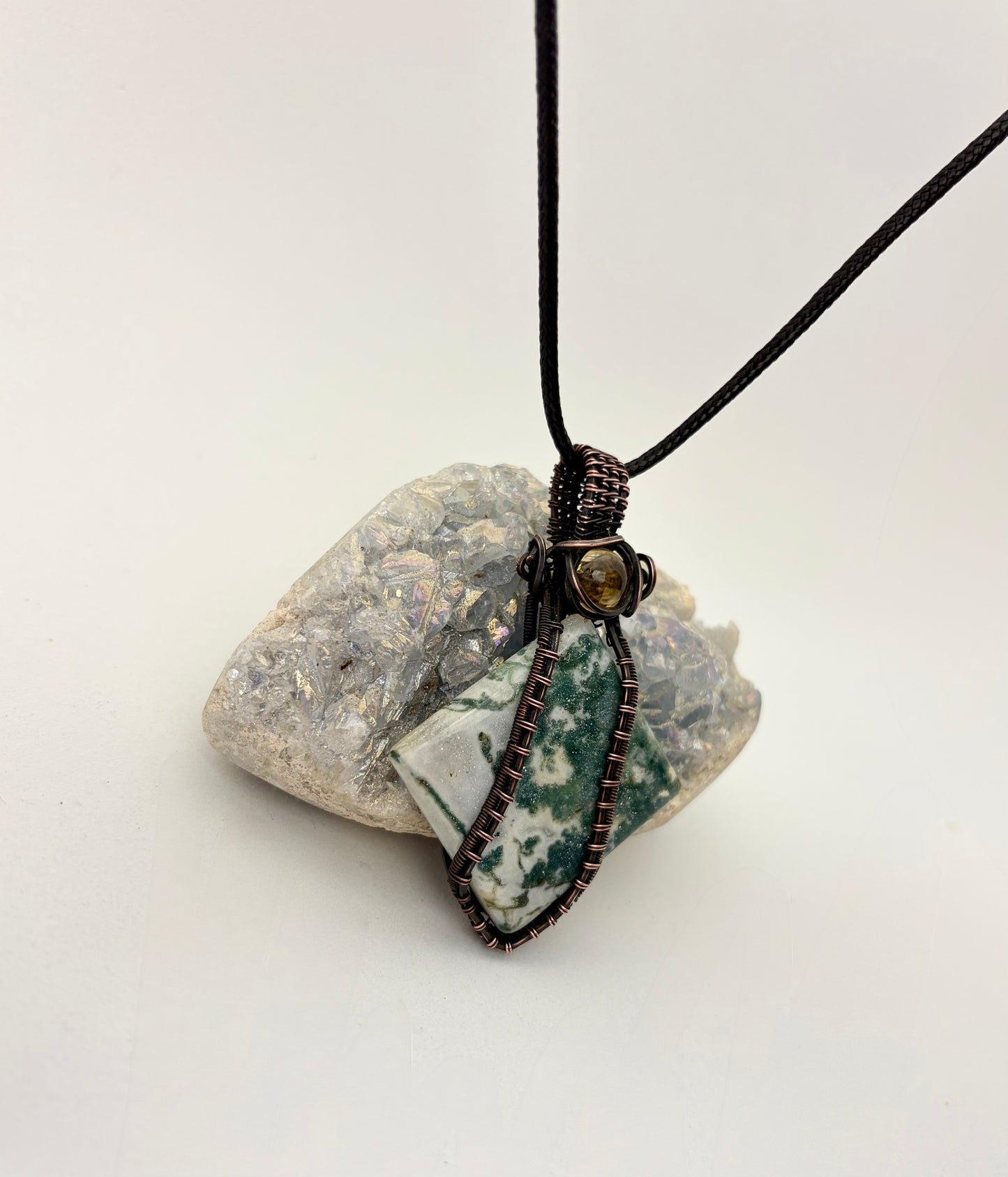 Moss Agate & Citrine Wire Wrapped Pendant | Handmade Copper Necklace