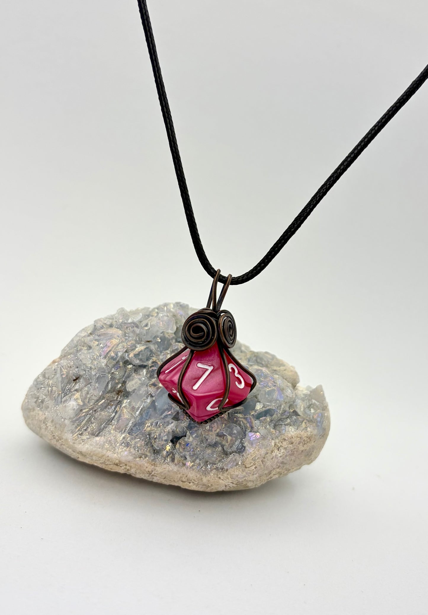Pink D10 Dice Pendant | Wire Wrapped Copper Necklace for Gamers